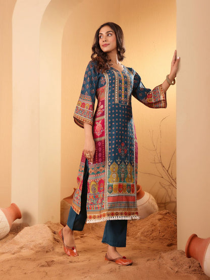 Dhiyona VA Women's Ethnic Motifs Printed Regular Gotta Patti Kurta with Trousers & Dupatta
