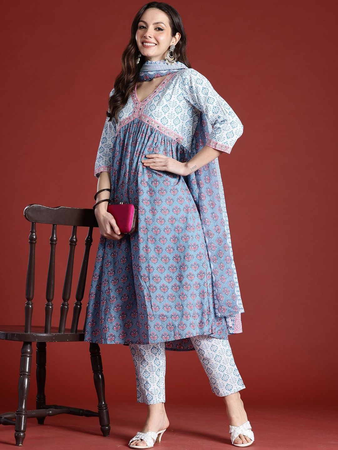 Women Ethnic Motifs Printed Empire Mirror Work Pure Cotton Kurta with Trousers & With Dupatta