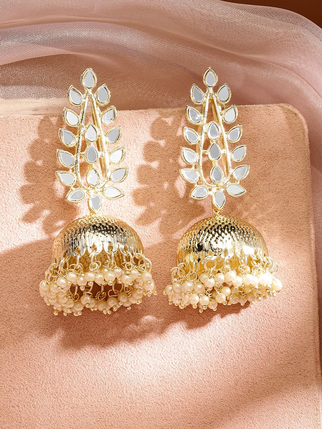 Dhiyona RJ Women's 18K Gold Plated Mirror Studded & Pearl Beaded Jhumkas Earrings