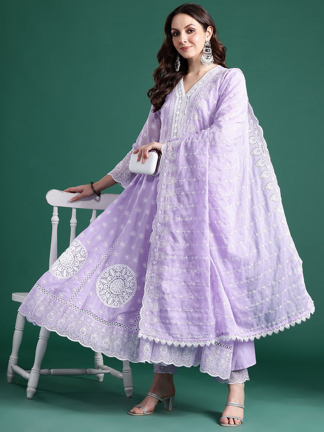 Dhiyona IE Ethnic Motifs Embroidered Thread Work Pure Cotton Kurta With Trousers & Dupatta