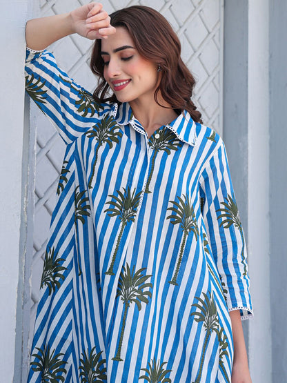 Floral Printed Shirt Collar Pure Cotton A-Line Kurta With Trousers