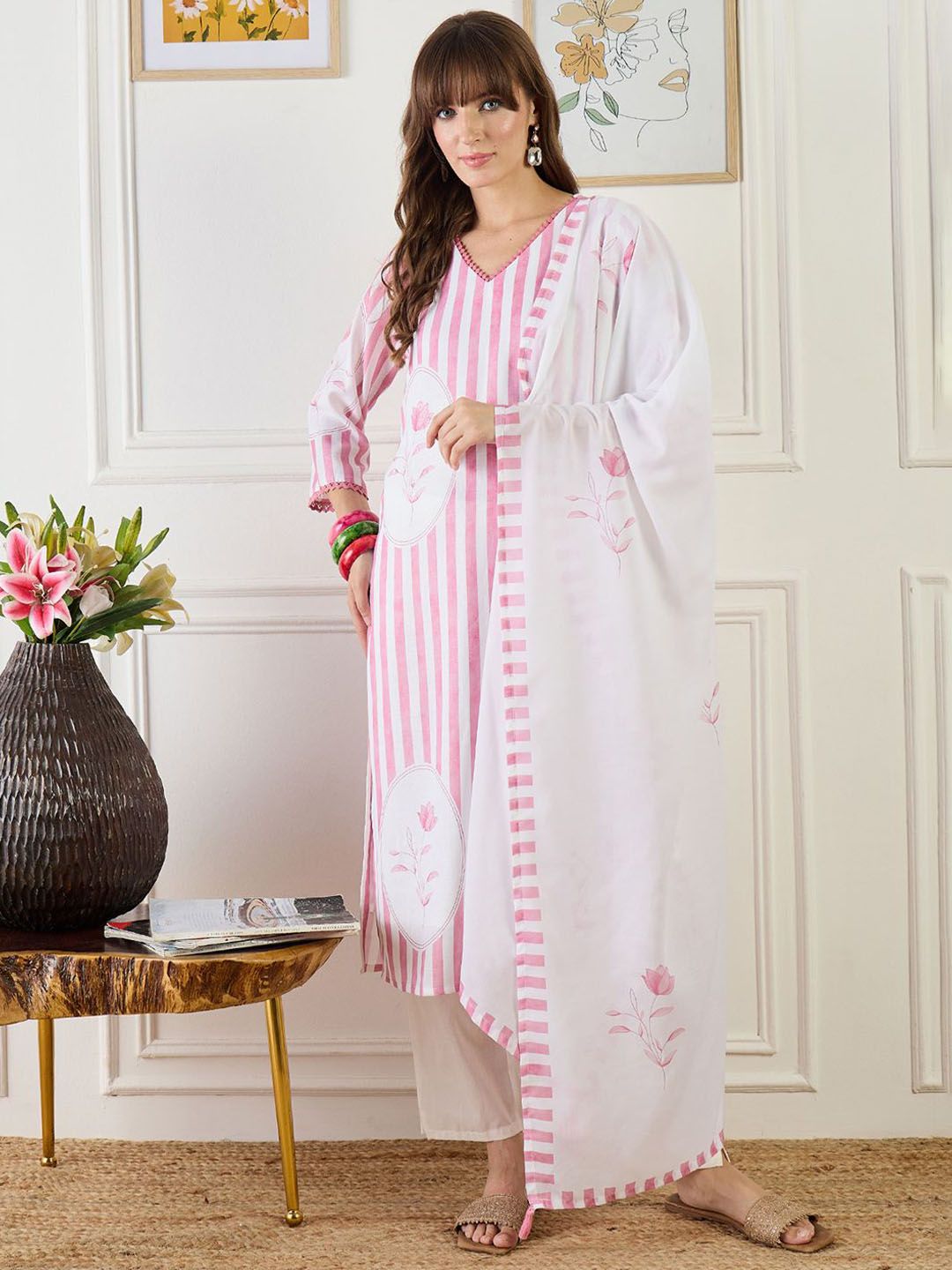 Striped Straight Kurta With Trouser & Dupatta