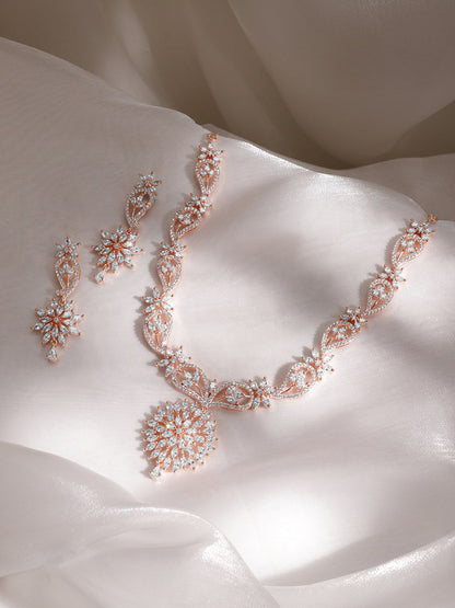 Dhiyona RJ Women's Rose Gold-Plated & White Cubic-Zirconia Studded Handcrafted Jewellery Set