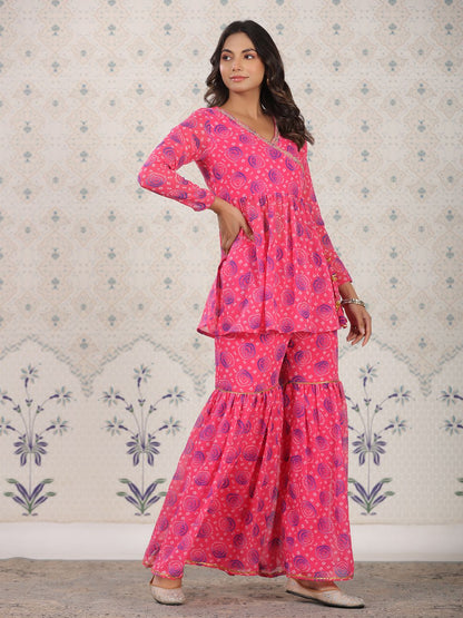 Dhiyona OD  Red Bandhani Printed Angrakha A-Line Kurti With Sharara