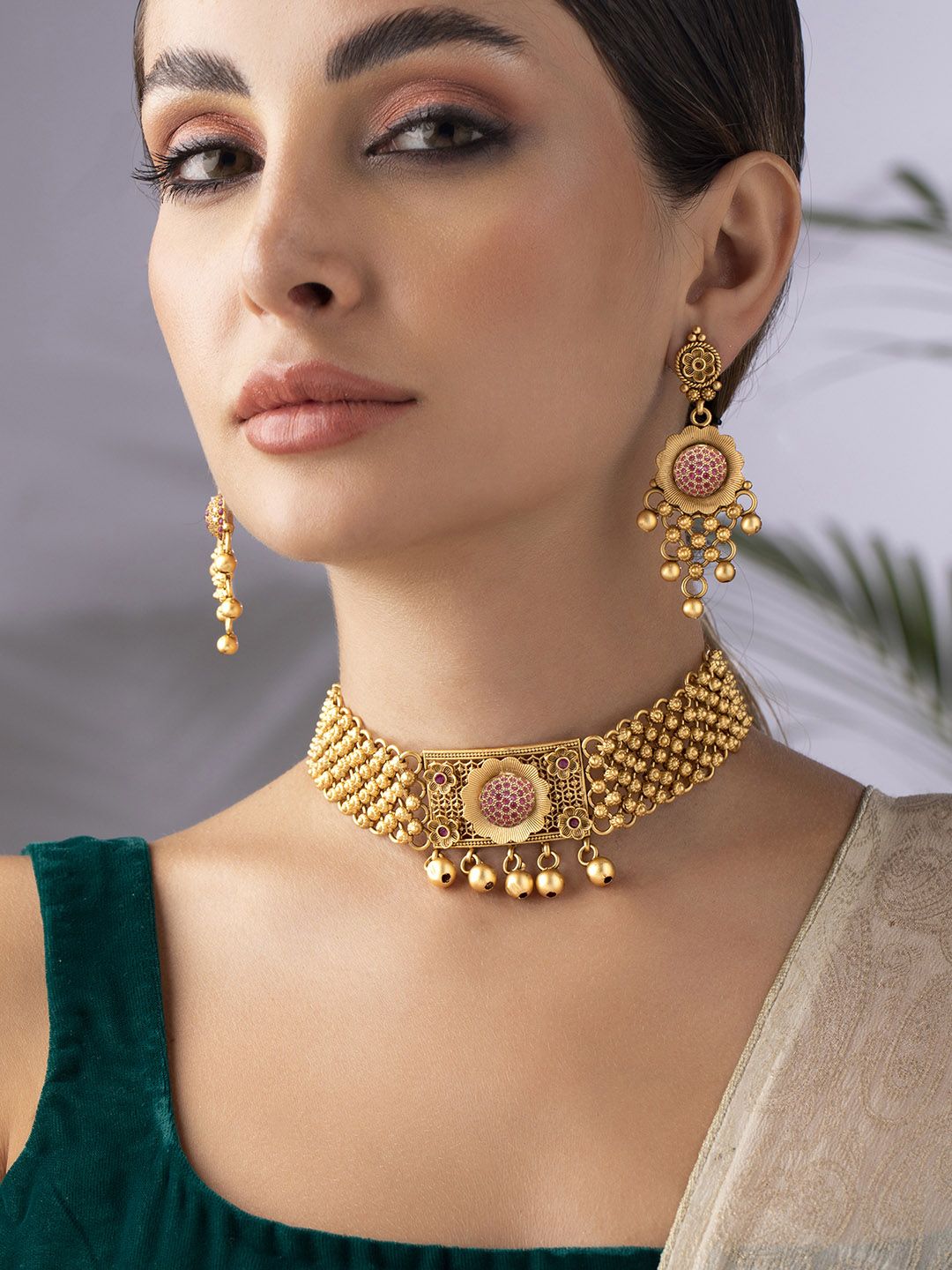 Dhiyona RJ Women's 24K Gold Plated Handcrafted Ruby Stone Studded & Gold Beaded Traditional Choker Set