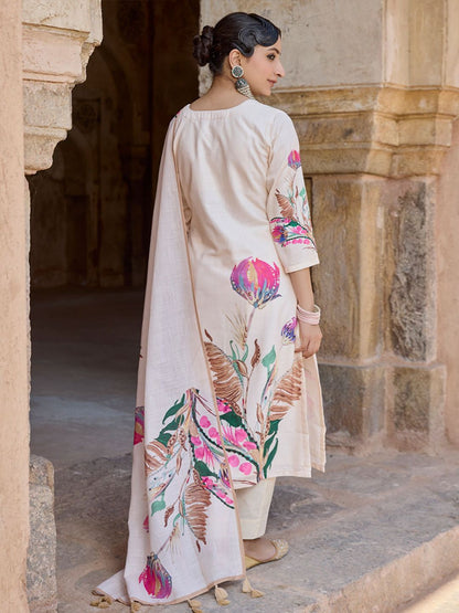 Dhiyona WP Women Floral Printed Linen Kurta with Trousers & Dupatta