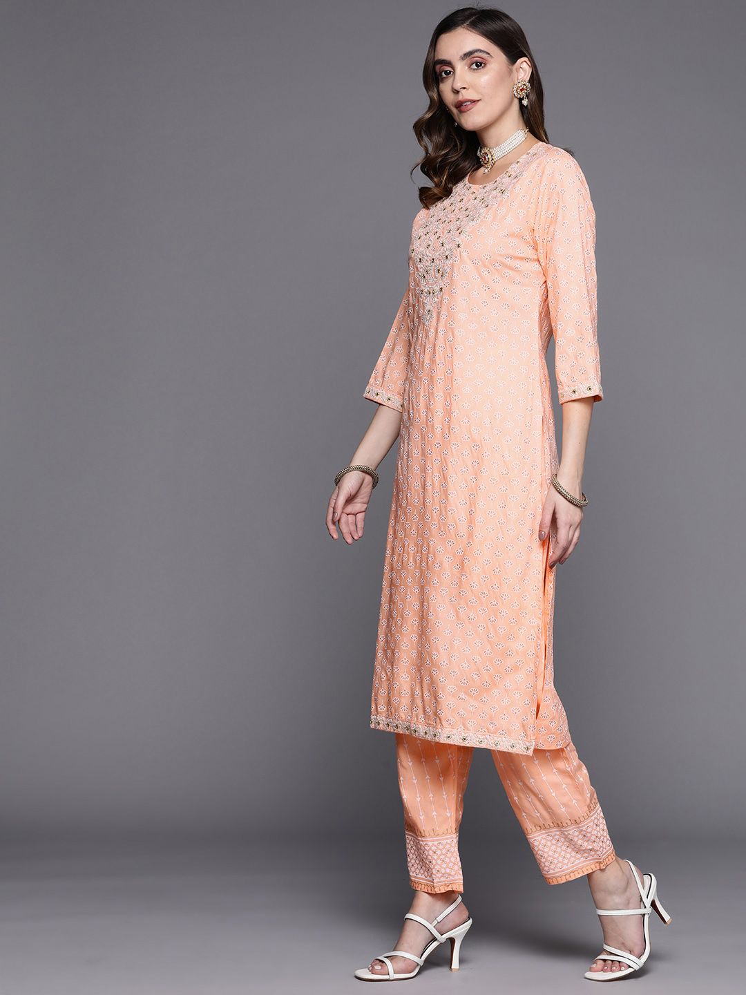 Women Peach-Coloured Embroidered Mirror Work Kurta with Trousers & Dupatta