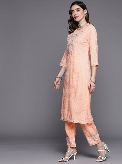 Women Peach-Coloured Embroidered Mirror Work Kurta with Trousers & Dupatta