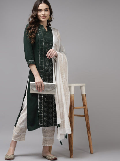 Women Green & White Embroidered Kurta with Trousers & Dupatta