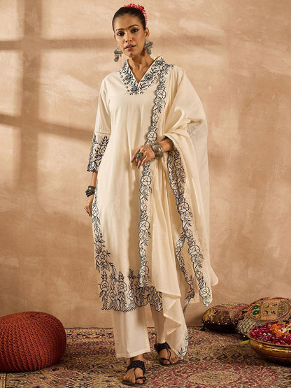 Women Floral Embroidered Regular Thread Work Pure Cotton Kurta with Trousers & With Dupatta