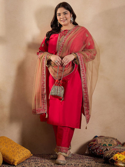 Dhiyona IN Tie-Up Neck Ethnic Motifs Embroidered Straight Kurta with Trouser & Dupatta