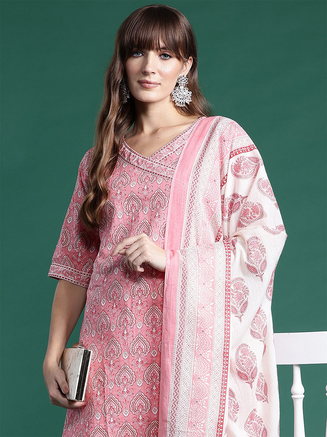 Ethnic Motifs Printed Angrakha Pure Cotton Kurta With Trousers & Dupatta