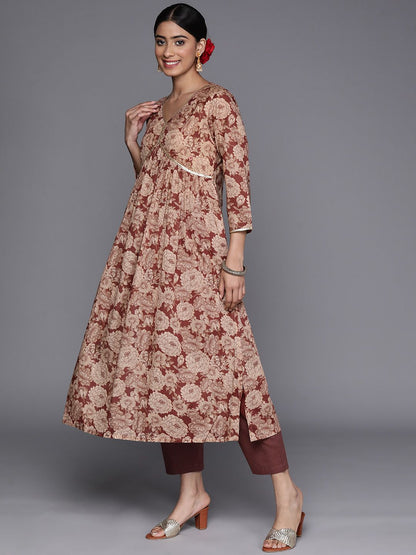 Dhiyona VA Women'sFloral Printed Empire Sequinned Pure Cotton Kurta With Trousers & Dupatta