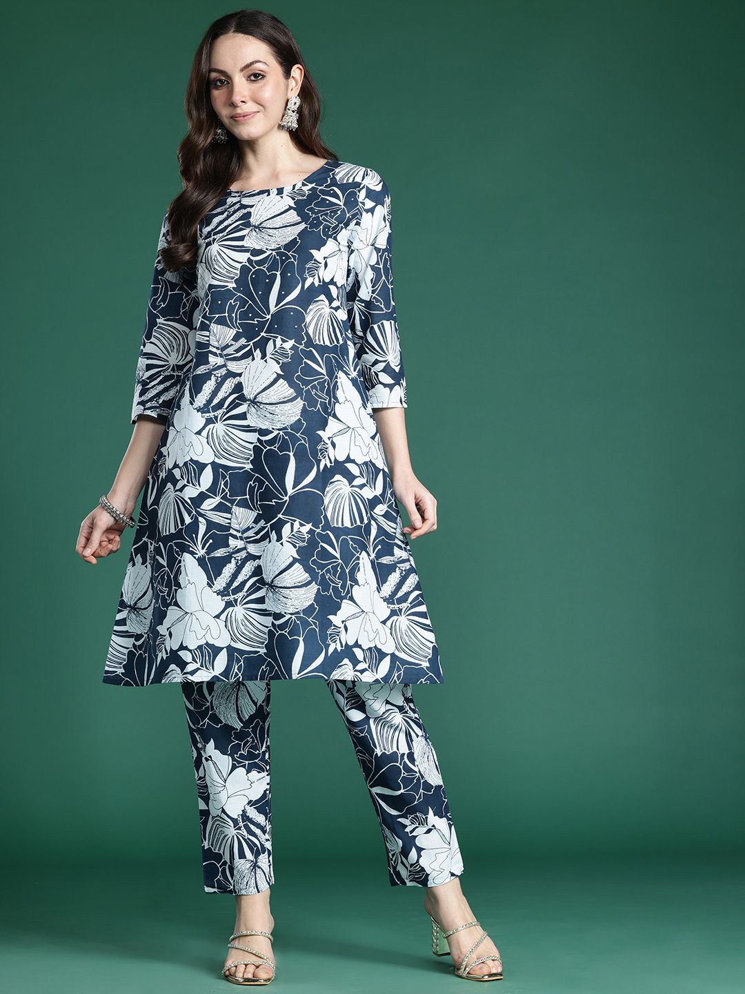 Dhiyona IE Floral Printed Pure Cotton Kurta with Trousers