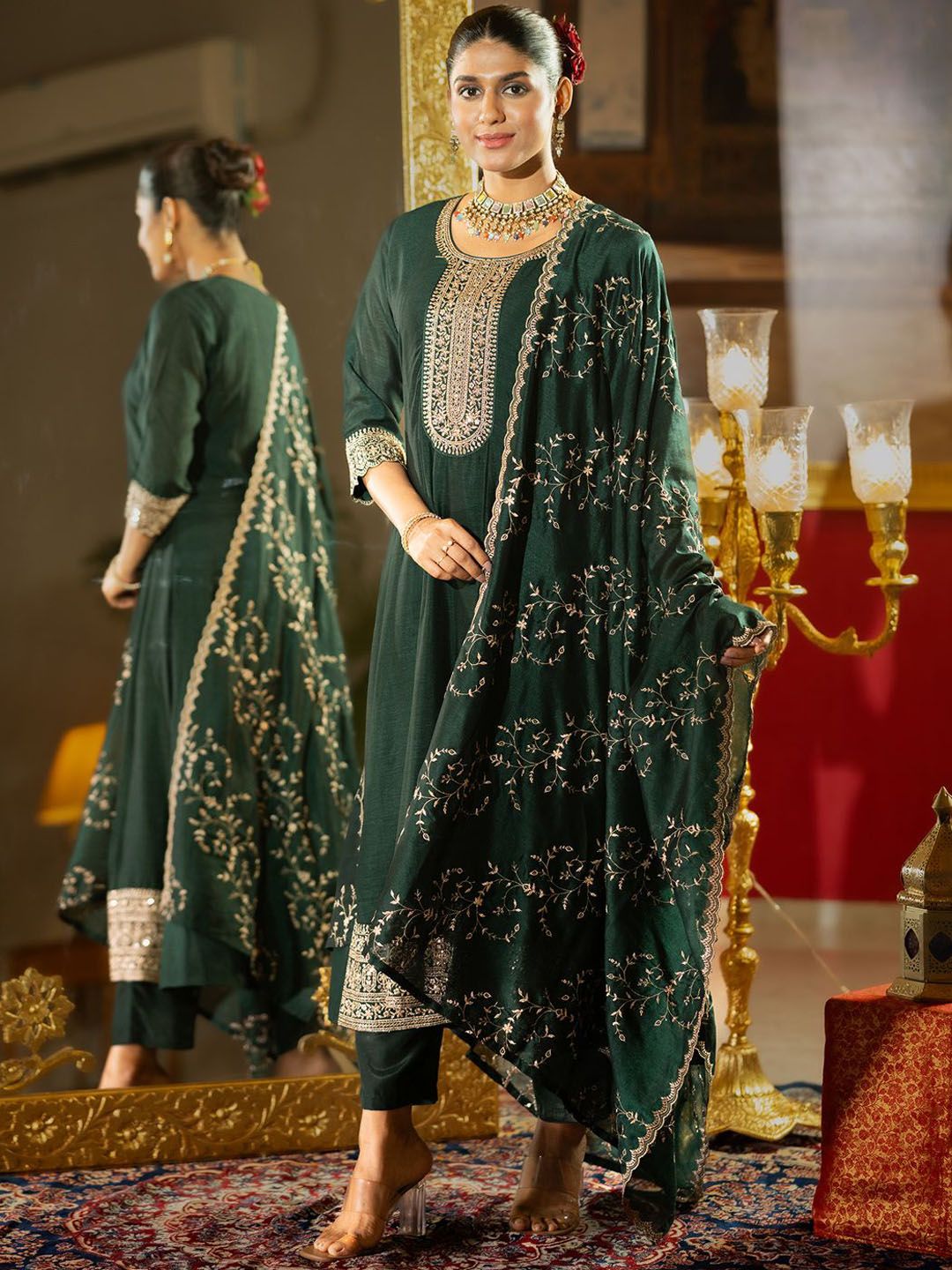 Ethnic Motifs Embroidered Regular Anarkali Kurta With Trousers & Dupatta