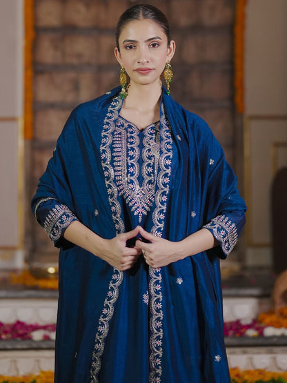 Dhiyona IE Women Ethnic Motifs Embroidered Regular Kurta with Trousers & With Dupatta