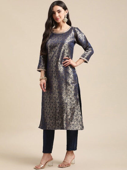 Dhiyona VA Women's Blue & Gold Floral Brocade Gotta Patti Straight Winter Kurta with Trousers