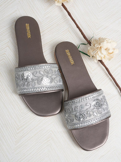 Dhiyona AK Grey Embellished Open Toe Ethnic Flats