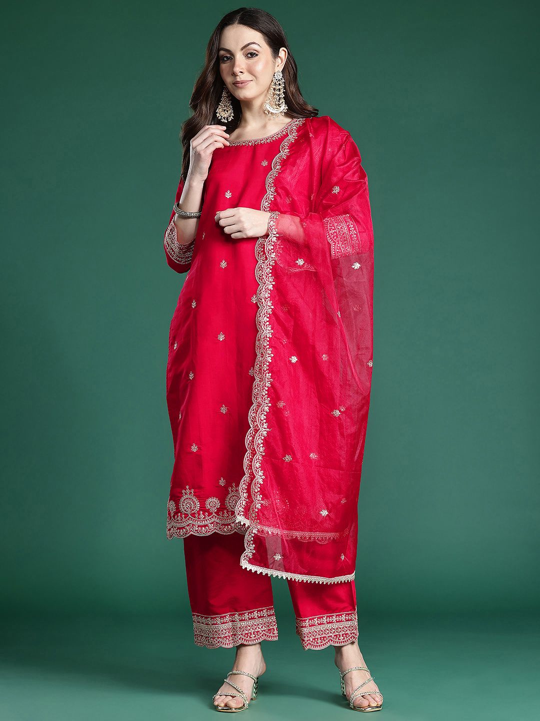 Dhiyona IE Ethnic Motifs Embroidered Sequinned Kurta With Trousers & Dupatta