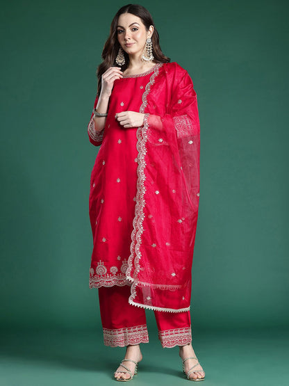 Ethnic Motifs Embroidered Sequinned Kurta With Trousers & Dupatta