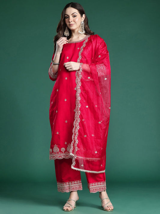 Ethnic Motifs Embroidered Sequinned Kurta With Trousers & Dupatta