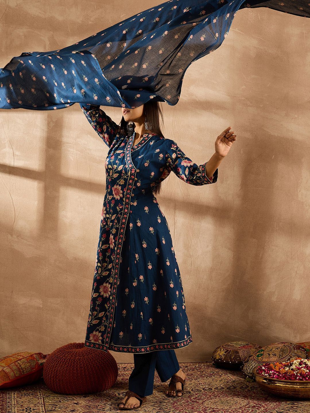 Dhiyona IE Women Floral Printed Angrakha Beads and Stones Pure Cotton Kurta with Trousers & With Dupatta