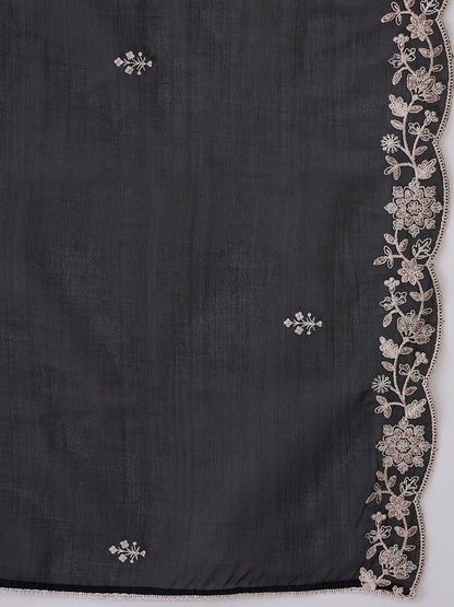 Dhiyona IE Black Floral Embroidered Thread Work Kurta with Trousers & Dupatta