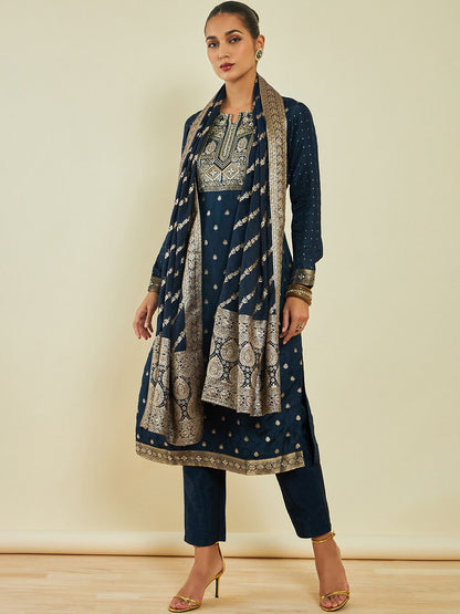 Dhiyona SO Women's Ethnic Motifs Embroidered Silk Kurta with Trousers & With Dupatta
