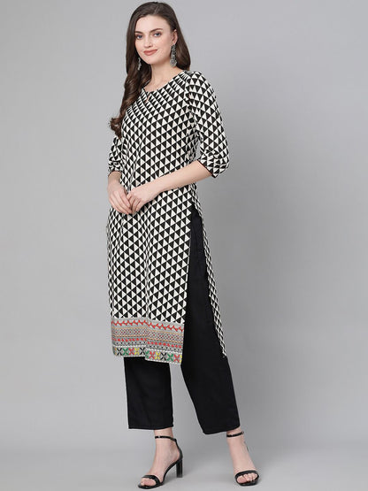 Dhiyona IE Women Black & White Geometric Printed Straight Kurta