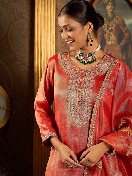Dhiyona IE Ethnic Motifs Embroidered Zari Liva Kurta With Trousers & Dupatta