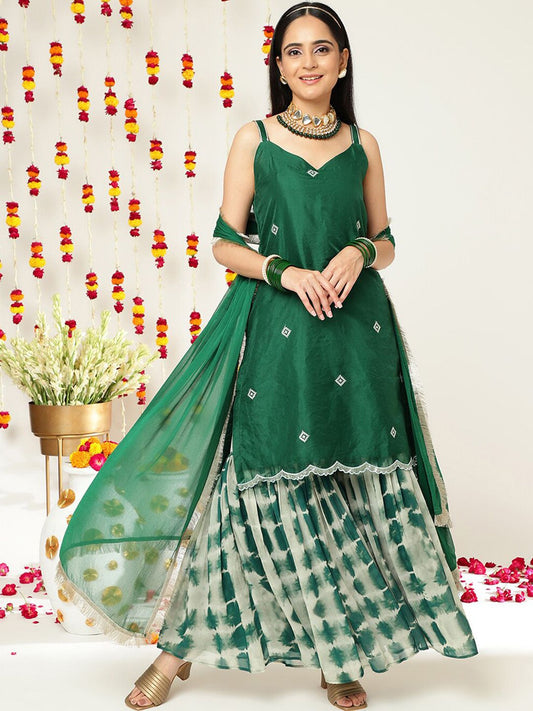 Dhiyona VA Women'sEthnic Motifs Embroidered Sleeveless Kurta & Sharara With Dupatta