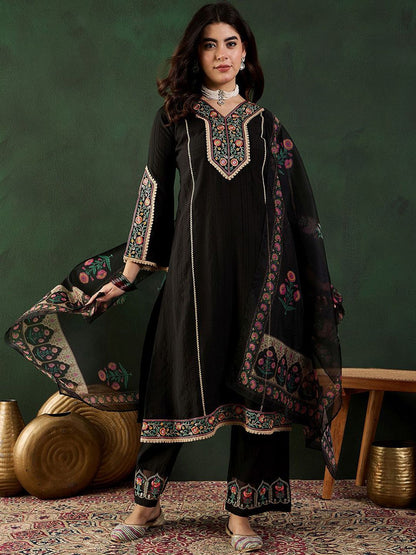 Dhiyona SN Women's Sequence Embroidered A-Line Kurta & Trousers With Dupatta