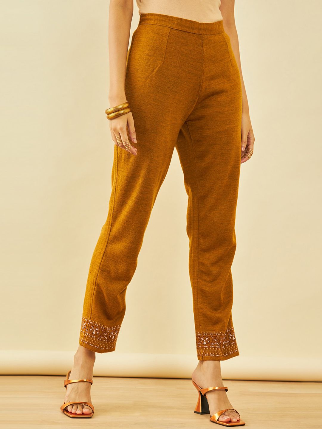 Dhiyona SO Women's Mustard Yellow Self Design Regular Straight Kurta with Trousers