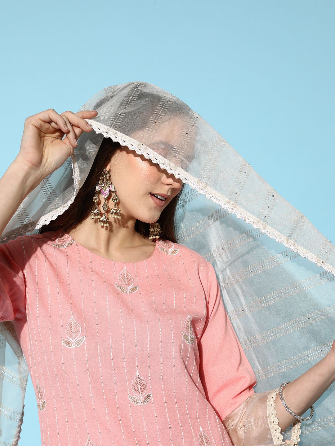 Women Peach-Coloured Ethnic Motifs Embroidered Sequinned Kurta Set