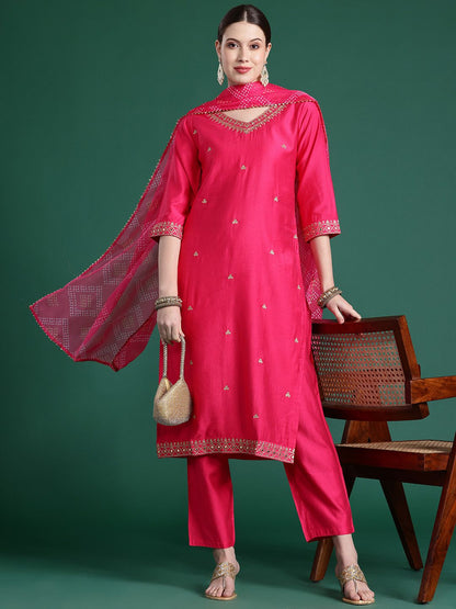 Dhiyona IE Embroidered Zari Liva Kurta With Trousers & Dupatta