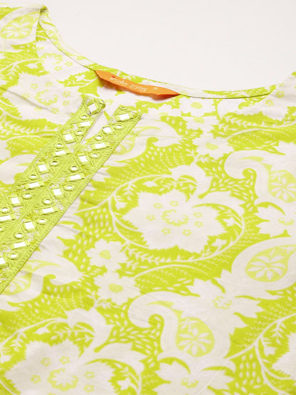 Floral Printed Thread Work Pure Cotton Kurta With Trousers & Dupatta