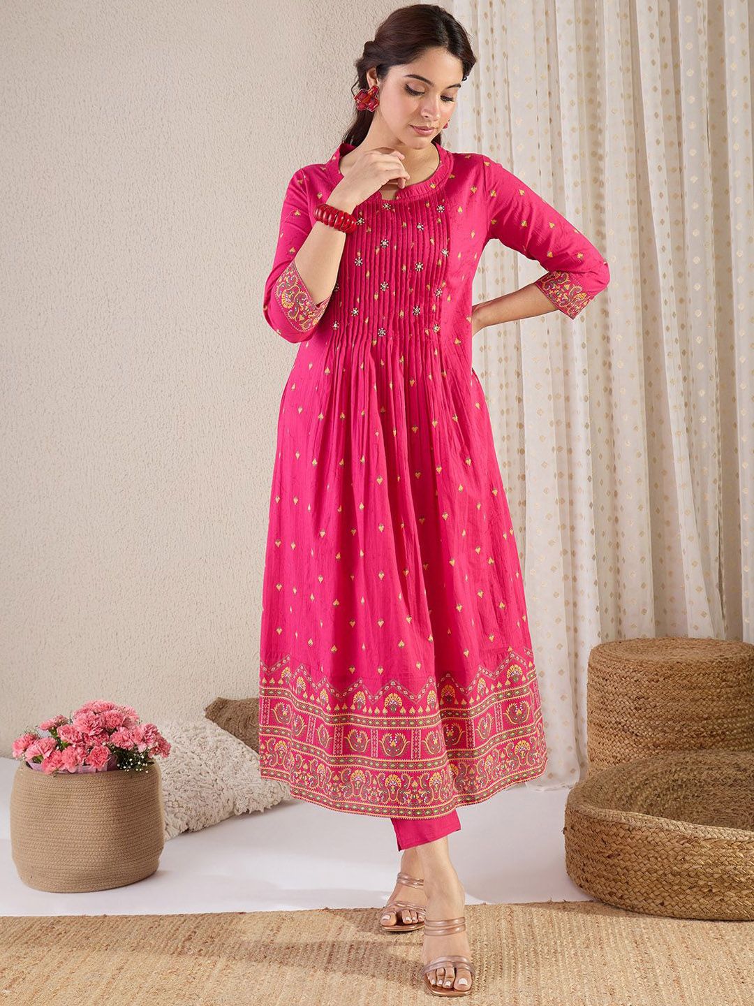 Dhiyona IE Floral Printed Pure Cotton Round Neck A-Line Tunic With Trousers Co-Ords