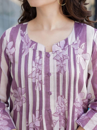 Dhiyona IE Floral Printed Notch Neck Pure Cotton A-Line Kurta With Trousers