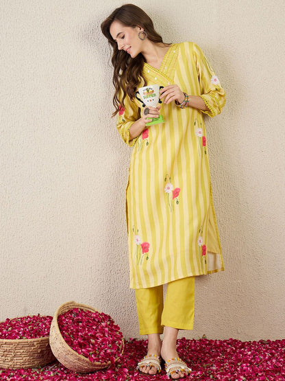 Striped V-Neck Linen Straight Kurta With Trouser