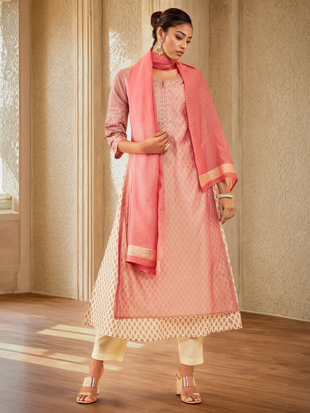 Dhiyona SO Women's Floral Printed Layered Thread Work Chanderi Silk Kurta with Trousers & With Dupatta