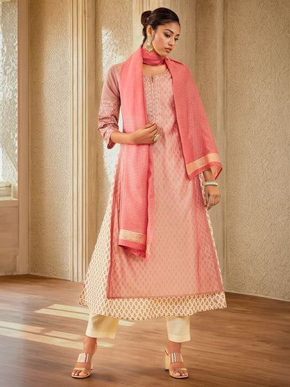 Dhiyona SO Women's Floral Printed Layered Thread Work Chanderi Silk Kurta with Trousers & With Dupatta