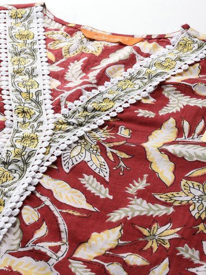 Dhiyona IE Floral Printed Pure Cotton Kurta With Trousers & Dupatta
