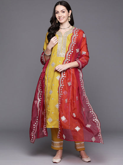 Dhiyona IE Women Ethnic Motifs Embroidered Gotta Patti Kurta with Trousers & Dupatta