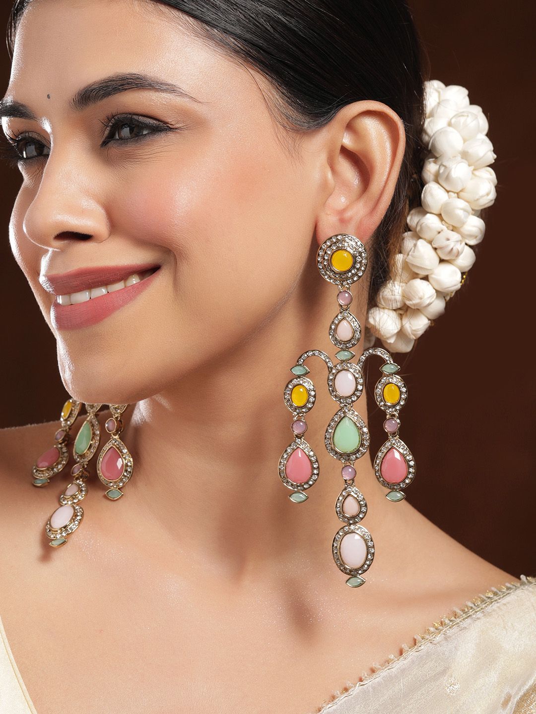 Dhiyona RJ Women's 22K Mehandi Gold-Plated Classic Gemstone & Zirconia Studded Chandelier Earrings