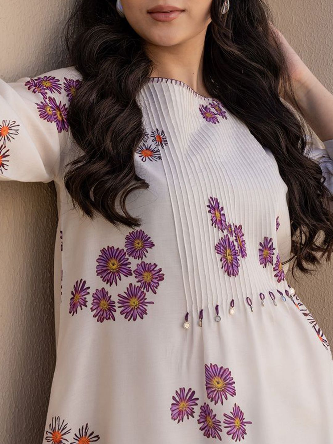 Dhiyona IE Floral Printed A-Line Sequinned Pure Cotton Kurta With Trousers