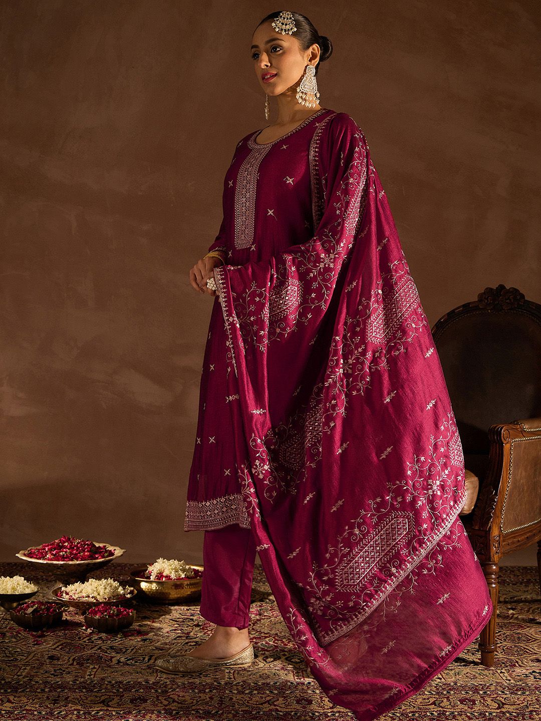Dhiyona IE Maroon Ethnic Motifs Embroidered Thread Work Kurta with Trousers & Dupatta