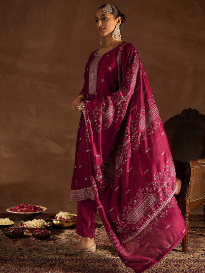 Dhiyona IE Maroon Ethnic Motifs Embroidered Thread Work Kurta with Trousers & Dupatta