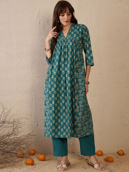 Women Floral Printed Empire Pure Cotton Kurta with Trousers & With Dupatta