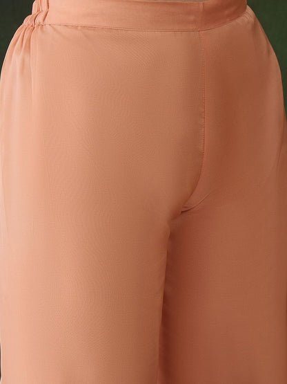 Dhiyona SN Women's Peach Floral Embroidered Zari Straight Kurta With Trouser And Dupatta