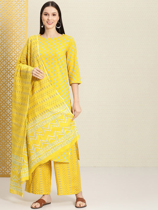 Dhiyona PD Women Women Yellow Printed Cotton Rozana Kurta with Palazzos & With Dupatta